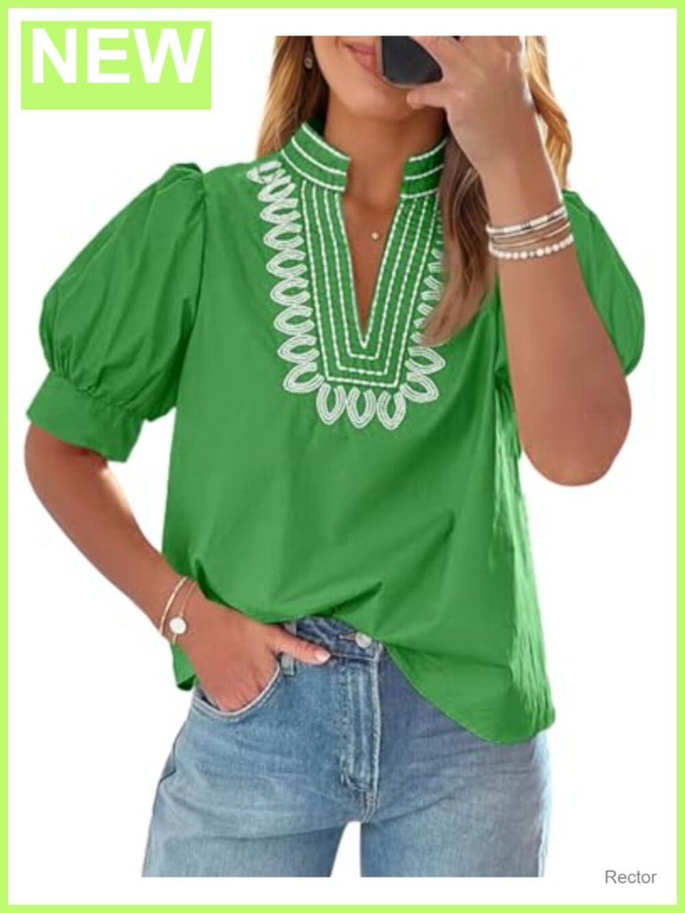 Womens Puff Short Sleeve Blouse Embroidered V Neck Dressy Top